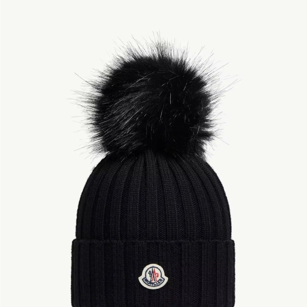 Moncler Black Ribbed Knit Beanie with Fur Pom and Logo Patch